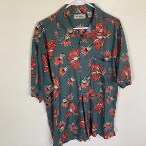 Vintage M.E. Sports Mens Hawaiian Button Up XL Rayon Shirt Green and Coral Color